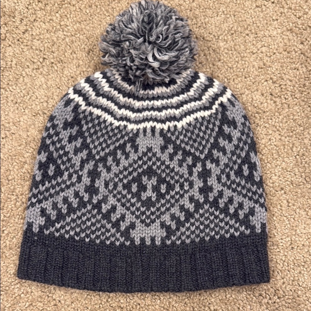 Gray and White Knit Beanie with Pom Pom